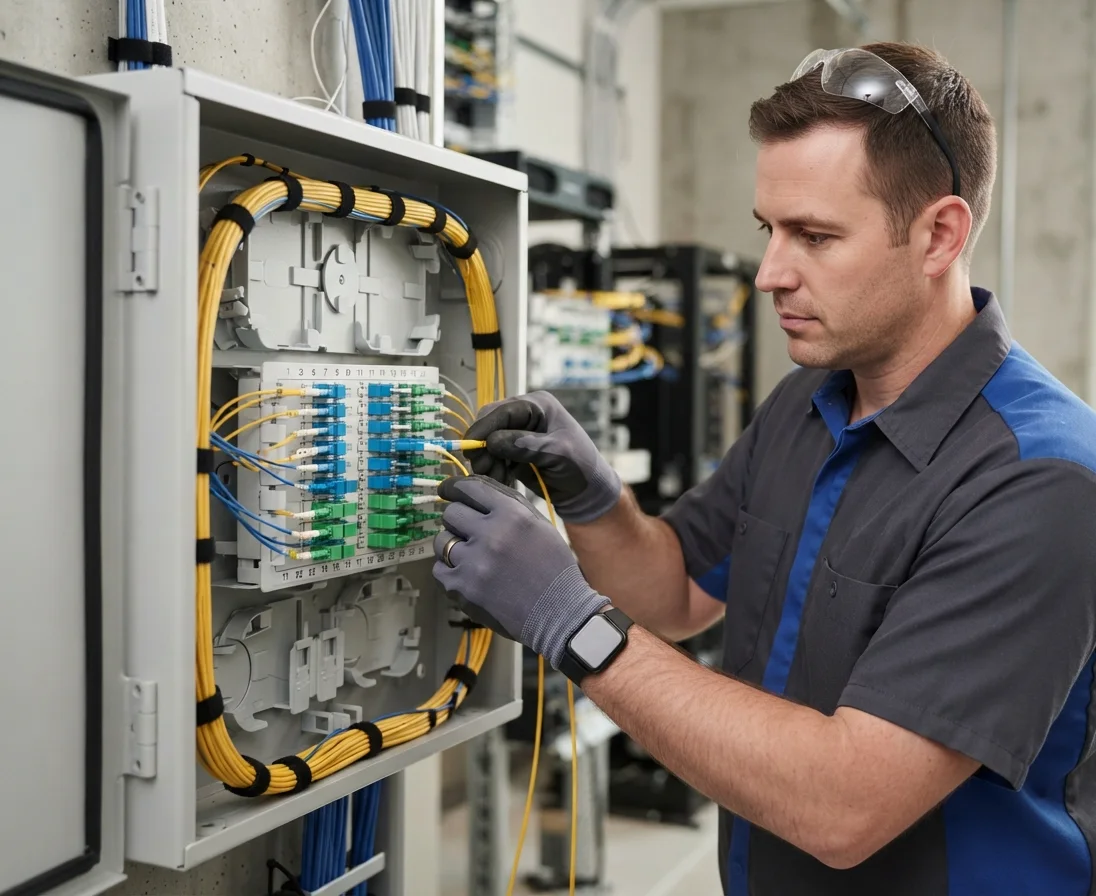 Técnico terminando fibra em uma caixa de distribuição